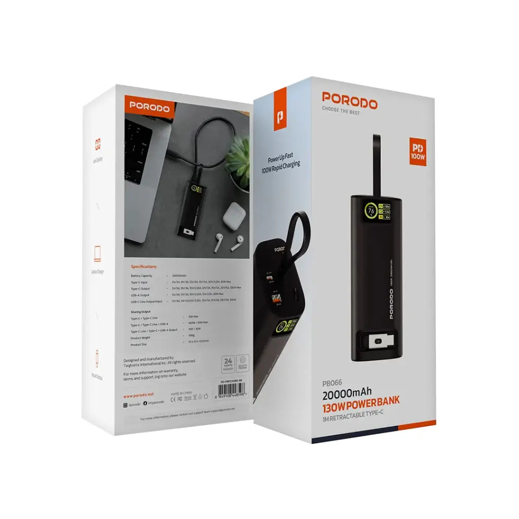 Banka Hêzê ya Porodo 130W 20000mAh bi Kabloya Vekişîner a Type-C ya 1M - Reş | Banka Hêzê ya Porodo 20000mAh 130W Kabloya Vekişîner a Type-C ya 1M - Reş.
