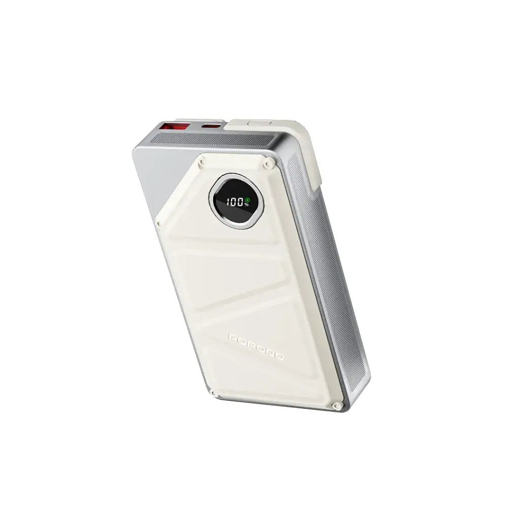 باور بانك بورودو بسعة 20000 مللي امبير مع كيبل تايب سي وكيبل لايتننغ مدمجين وشاشة عرض رقمية - ابيض | Porodo 20000mAh Power Bank, Type-C & Lightning Built-in Cables with Digital Display – White.