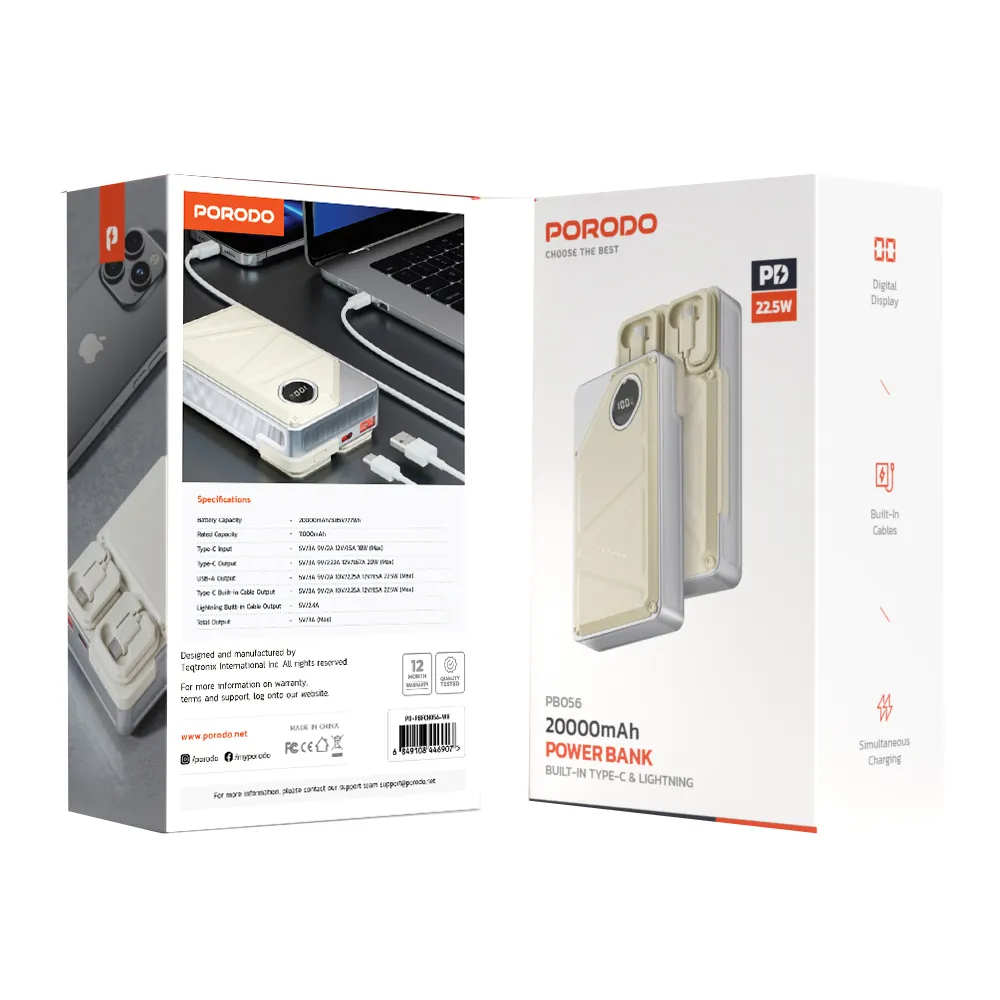 باور بانك بورودو بسعة 20000 مللي امبير مع كيبل تايب سي وكيبل لايتننغ مدمجين وشاشة عرض رقمية - ابيض | Porodo 20000mAh Power Bank, Type-C & Lightning Built-in Cables with Digital Display – White.
