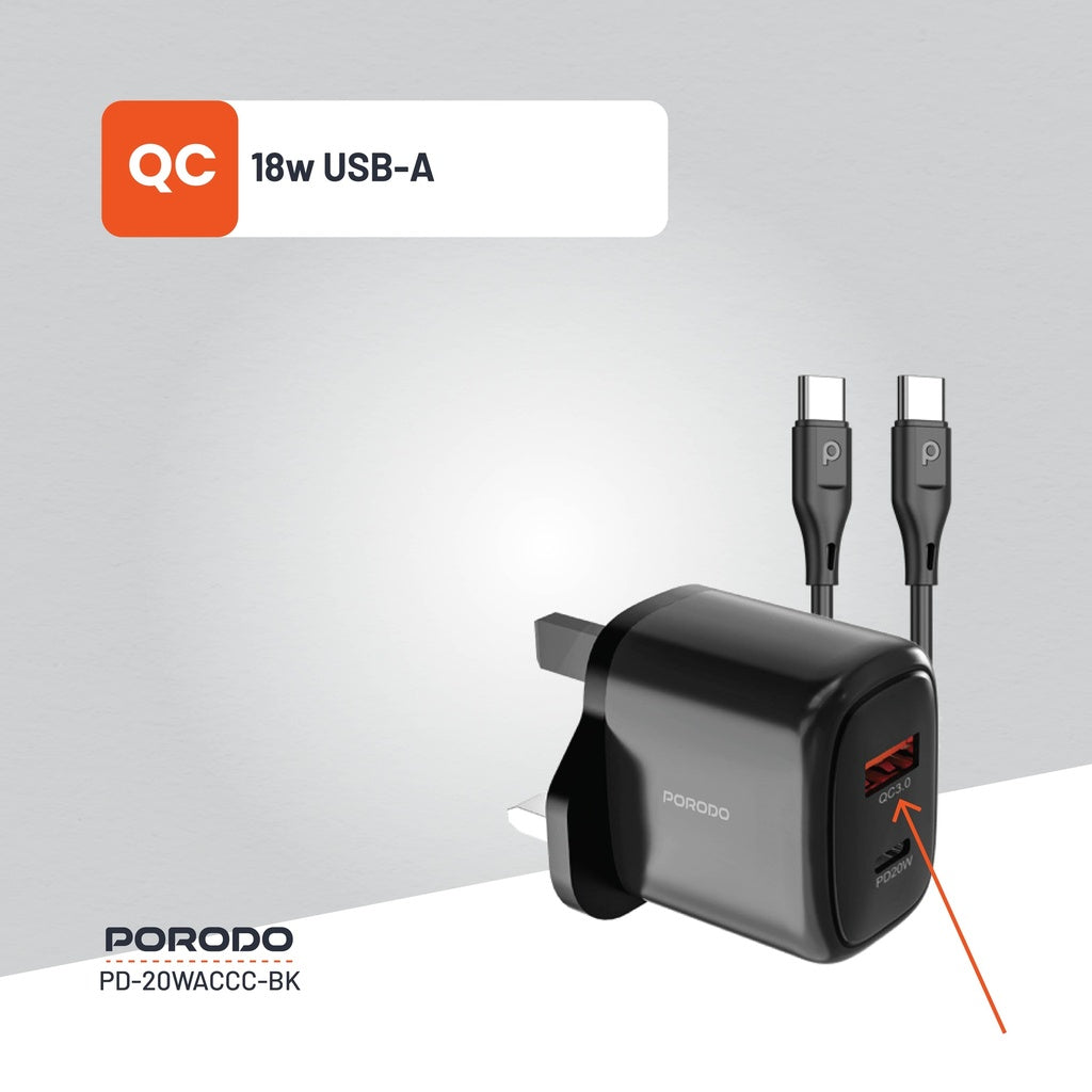 شاحن بورودو بمنفذي يو اس بي سي ويو اس بي اي وبشحن سريع 20 واط مع كيبل تايب سي بطول 1.2 متر - اسود | Porodo 20W+QC USB A+C Charger UK with C-C 1.2M Cable – Black