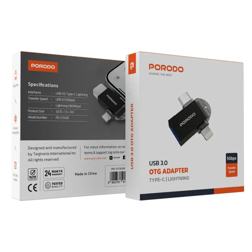 محول OTG من بورودو 3 في 1 - اسود | Porodo 3-in-1 OTG Adapter - Black.