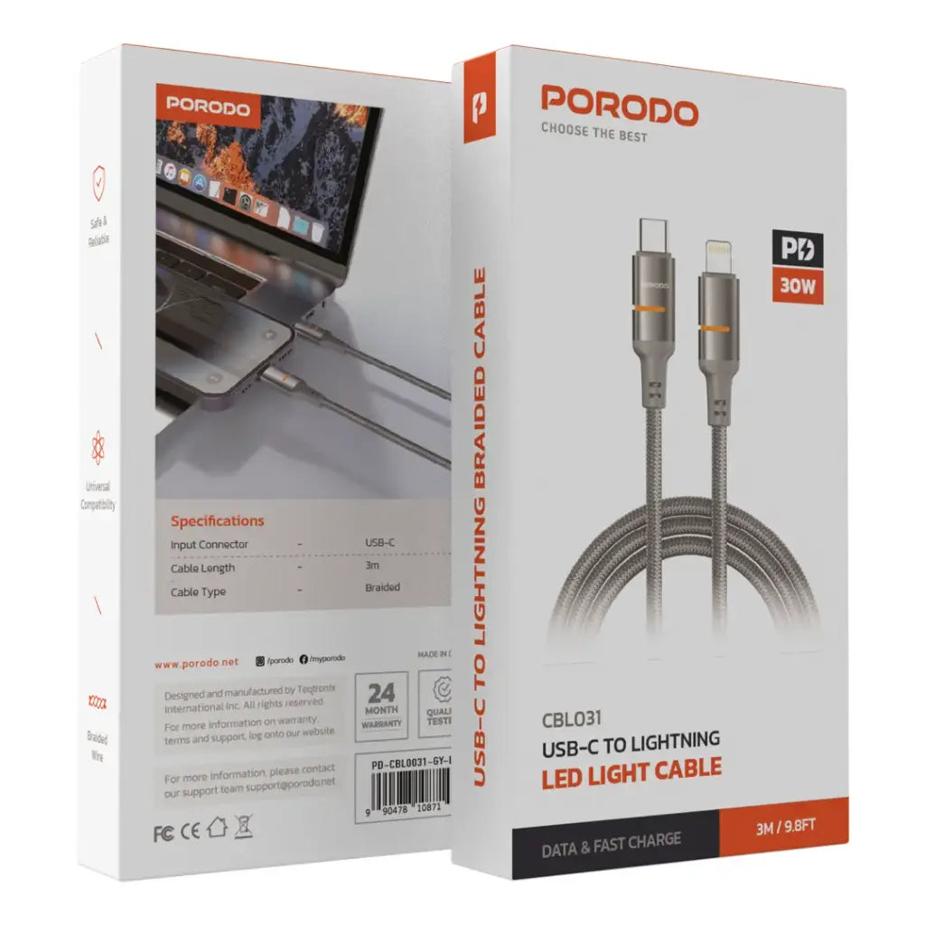 بورودو كيبل مضفر يو اس بي سي الى لايتننغ بقدرة شحن 30 واط وطول 3 متر - رمادي | Porodo 30W Type-C to Lightning Braided Cable 3M - Grey