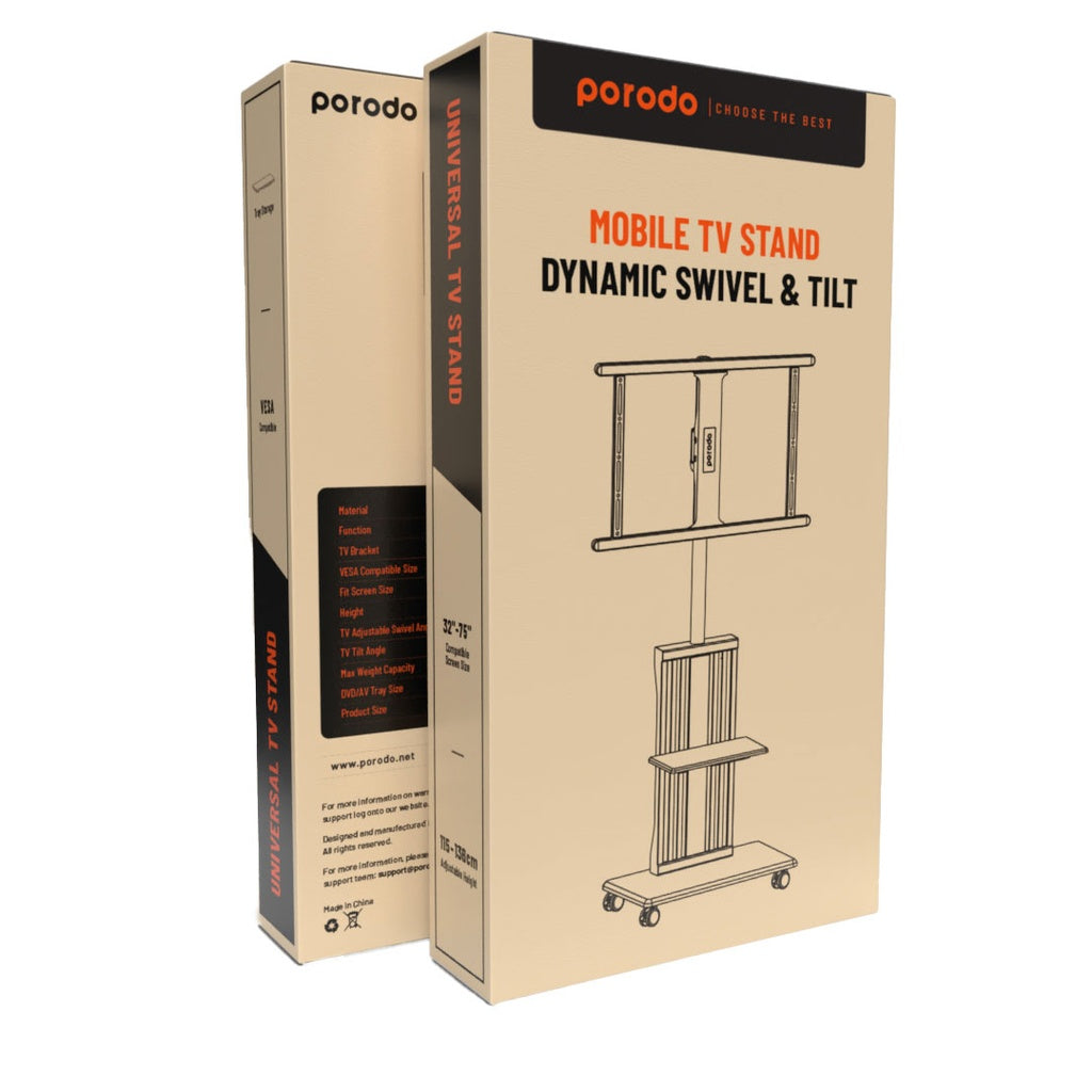 ستاند ارضي للتلفاز بحجم 32 بوصة الى 75 بوصة من بورودو, مع عجلات وحامل اجهزة - اسود | Porodo TV Floor Stand with Wheels & AV Shelf for 32"-75" Screens – Black