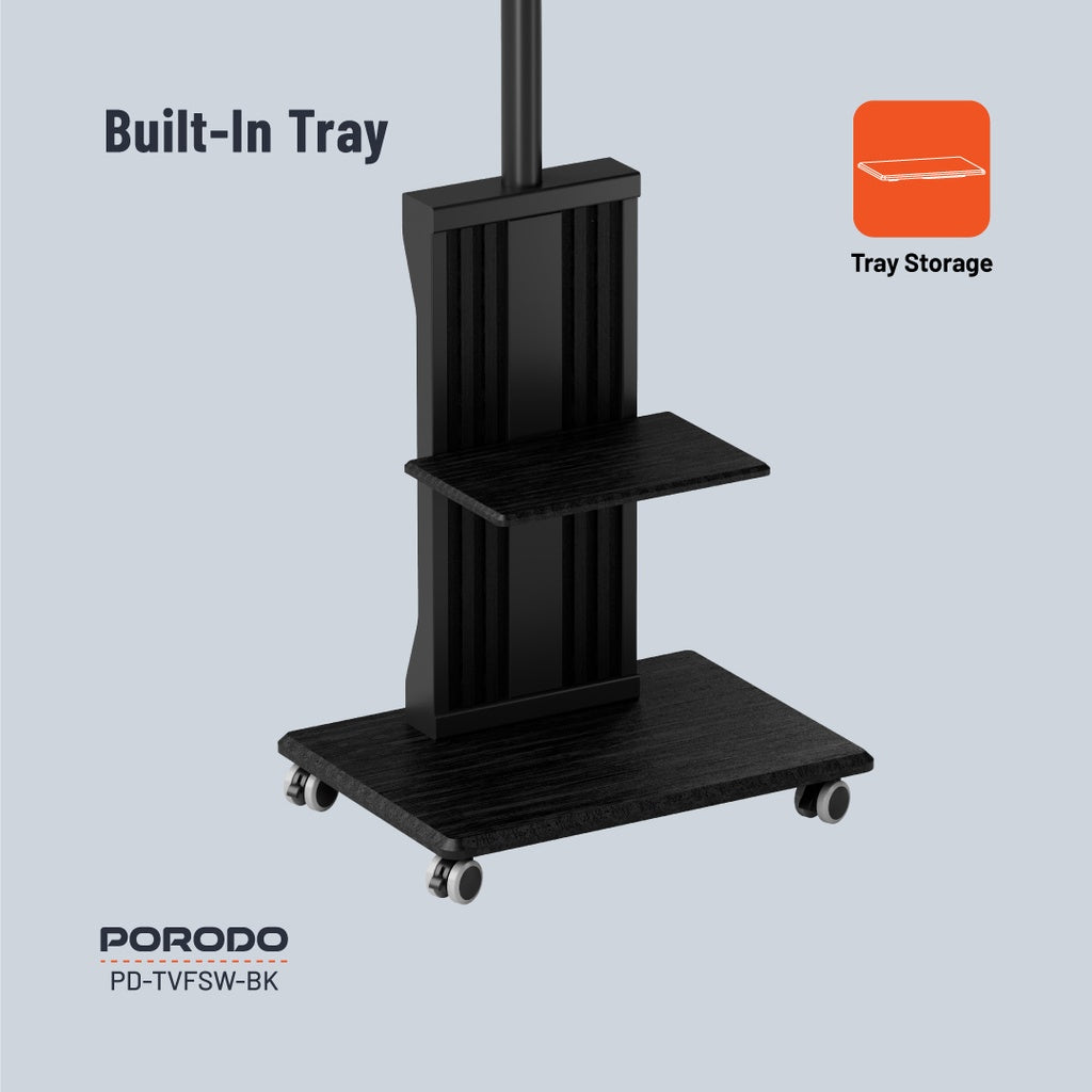 ستاند ارضي للتلفاز بحجم 32 بوصة الى 75 بوصة من بورودو, مع عجلات وحامل اجهزة - اسود | Porodo TV Floor Stand with Wheels & AV Shelf for 32"-75" Screens – Black