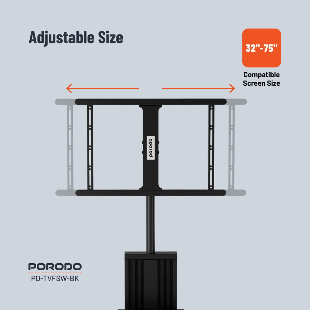 ستاند ارضي للتلفاز بحجم 32 بوصة الى 75 بوصة من بورودو, مع عجلات وحامل اجهزة - اسود | Porodo TV Floor Stand with Wheels & AV Shelf for 32"-75" Screens – Black