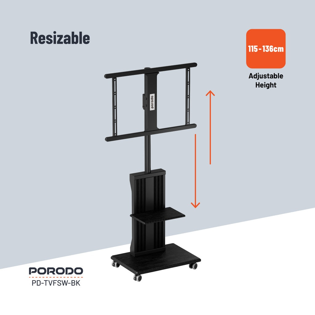 ستاند ارضي للتلفاز بحجم 32 بوصة الى 75 بوصة من بورودو, مع عجلات وحامل اجهزة - اسود | Porodo TV Floor Stand with Wheels & AV Shelf for 32"-75" Screens – Black