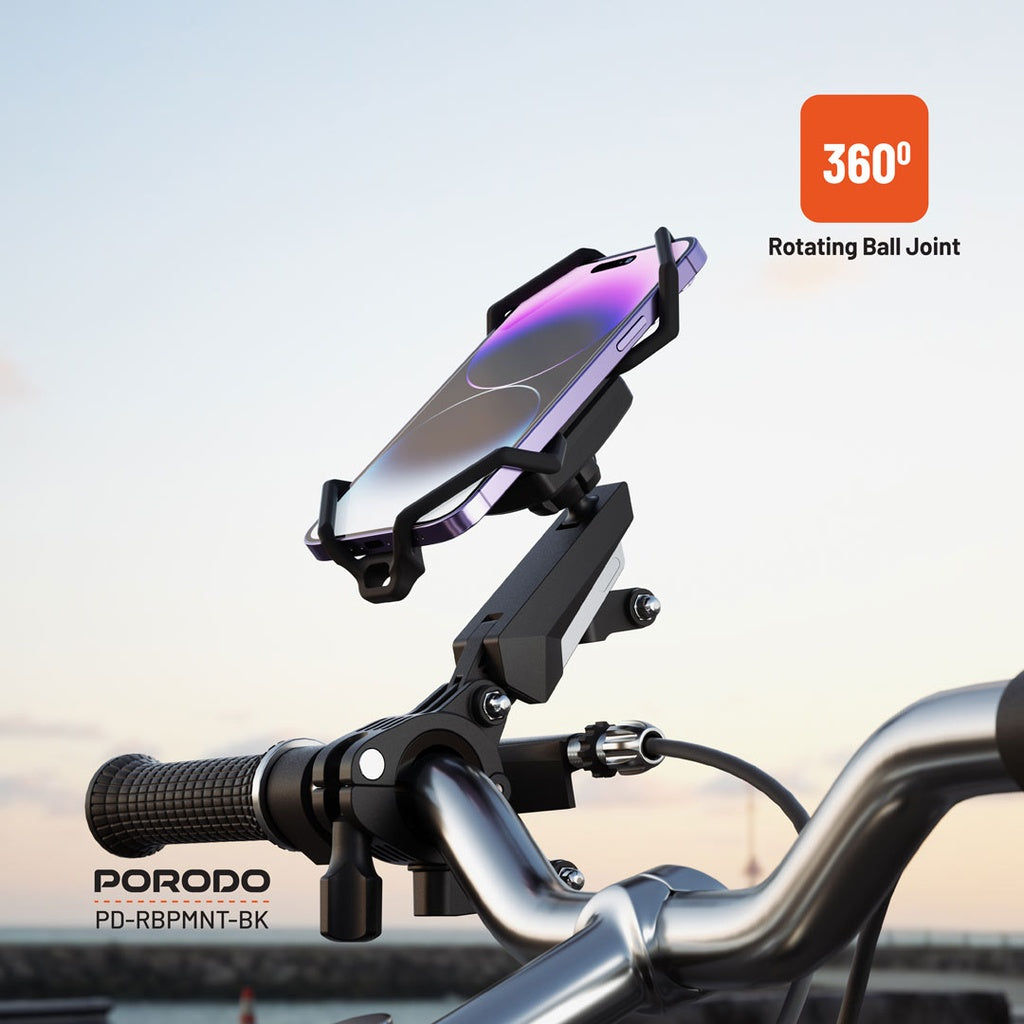 حامل الجوال للدراجات من بورودو بدوران 360 درجة - اسود | Porodo 360° Rotatable Bike Phone Mount – Black.