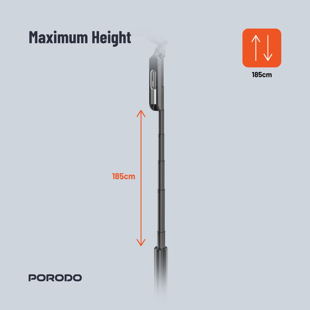 عصا سيلفي قابلة للتمديد حتى 185 سم من بورودو مع اضائة مزدوجة وترايبود وريموت - اسود | Porodo Selfie Stick 185cm Extendable with Dual Detachable Lights, 4 Leg Tripod, and Remote Control - Black