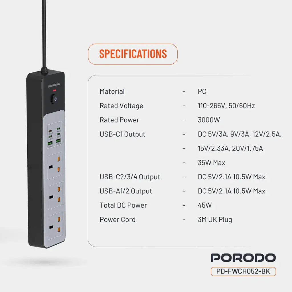 وصلة كهربائية 3000 واط من بورودو, ب 3 منافذ AC وقدرة شحن سريع 45 واط | Porodo 3000W Power Strip With 3AC Outlets and 45W Fast charging.