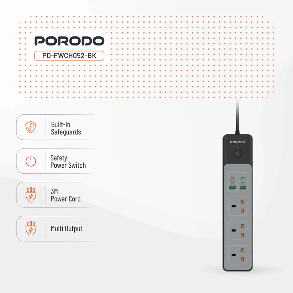 وصلة كهربائية 3000 واط من بورودو, ب 3 منافذ AC وقدرة شحن سريع 45 واط | Porodo 3000W Power Strip With 3AC Outlets and 45W Fast charging.