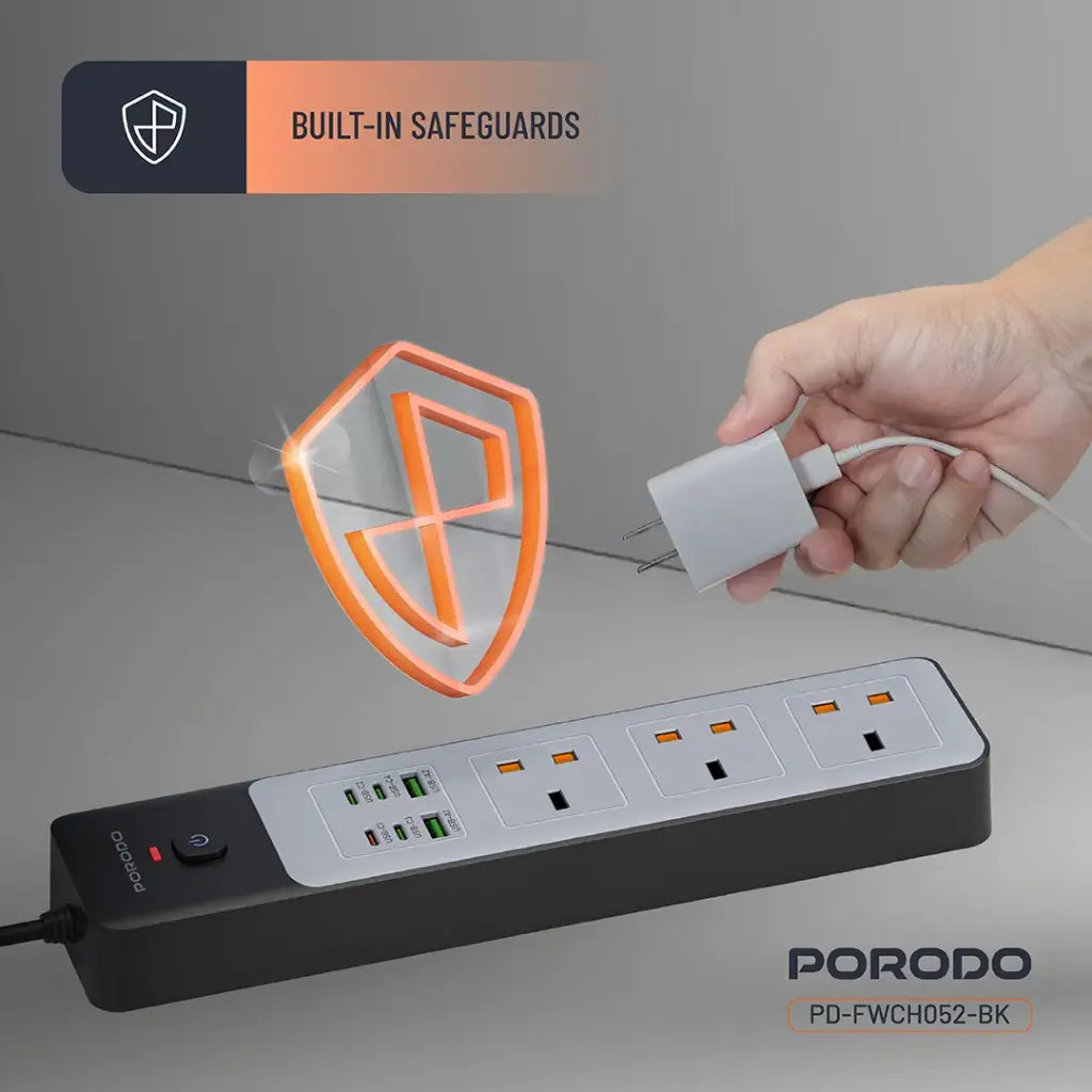 وصلة كهربائية 3000 واط من بورودو, ب 3 منافذ AC وقدرة شحن سريع 45 واط | Porodo 3000W Power Strip With 3AC Outlets and 45W Fast charging.