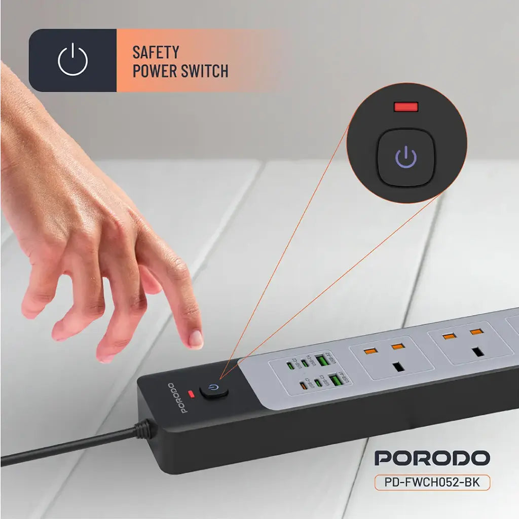 وصلة كهربائية 3000 واط من بورودو, ب 3 منافذ AC وقدرة شحن سريع 45 واط | Porodo 3000W Power Strip With 3AC Outlets and 45W Fast charging.