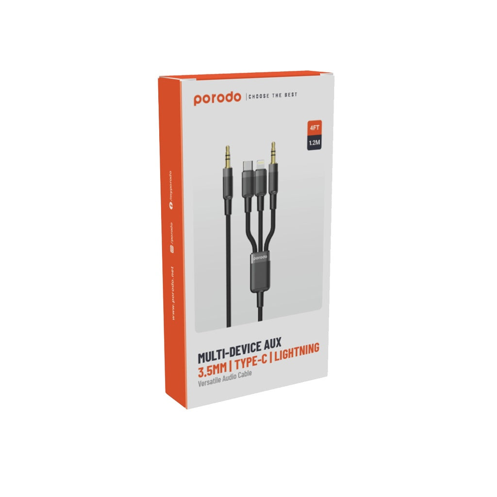 كيبل بورودو 3 في 1 AUX 3.5mm الى لايتننغ و تايب سي و 3.5mm بطول 1.2 متر - اسود | Porodo 3in1 Aux 3.5 to 3.5 + Type-C + Lightning Cable 1.2M - Black