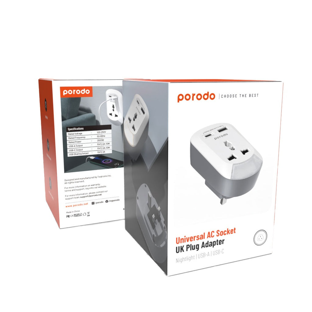 مقبس كهربائي بورودو 3 في 1 مع منفذي يو اس بي اي و يو اس بي سي - ابيض | Porodo 3in1 Multi-type Socket with AC USB-A Type C UK – White