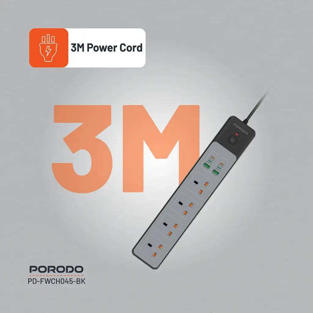 وصلة كهربائية بورودو ب 4 منافذ AC بقدرة 3000 واط و شحن سريع بقدرة 65 واط - اسود | Porodo 4AC 65W 3000W Power Strip - Black.
