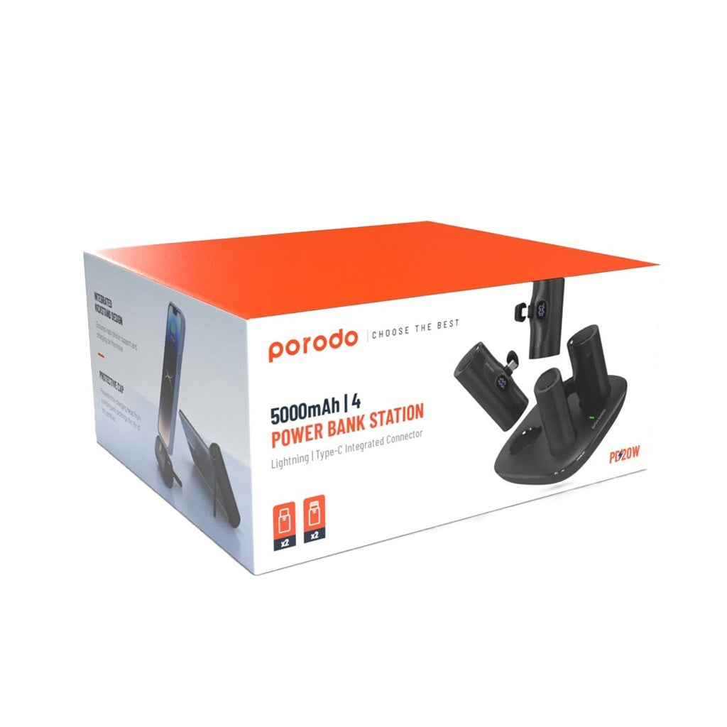 محطة شحن بورودو 4 في 1, باور بانك بسعة 5000 مللي امبير بقدرة شحن سريع 20 واط, موصلين تايب سي وموصلين لايتننغ | Porodo 4in1 Station 5000mAh PD20W Power Bank with 2 Type-C & 2 Lightning Connectors