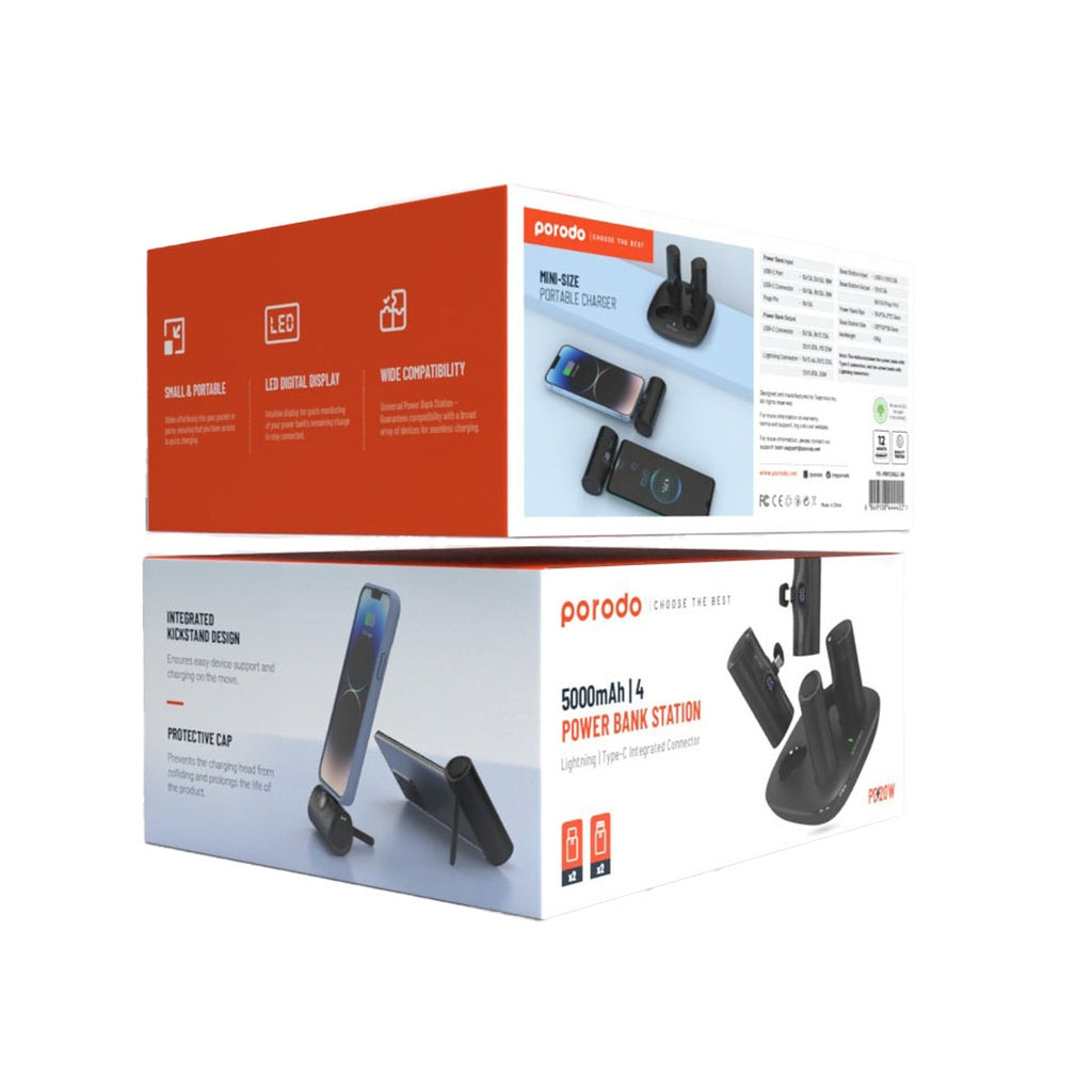محطة شحن بورودو 4 في 1, باور بانك بسعة 5000 مللي امبير بقدرة شحن سريع 20 واط, موصلين تايب سي وموصلين لايتننغ | Porodo 4in1 Station 5000mAh PD20W Power Bank with 2 Type-C & 2 Lightning Connectors