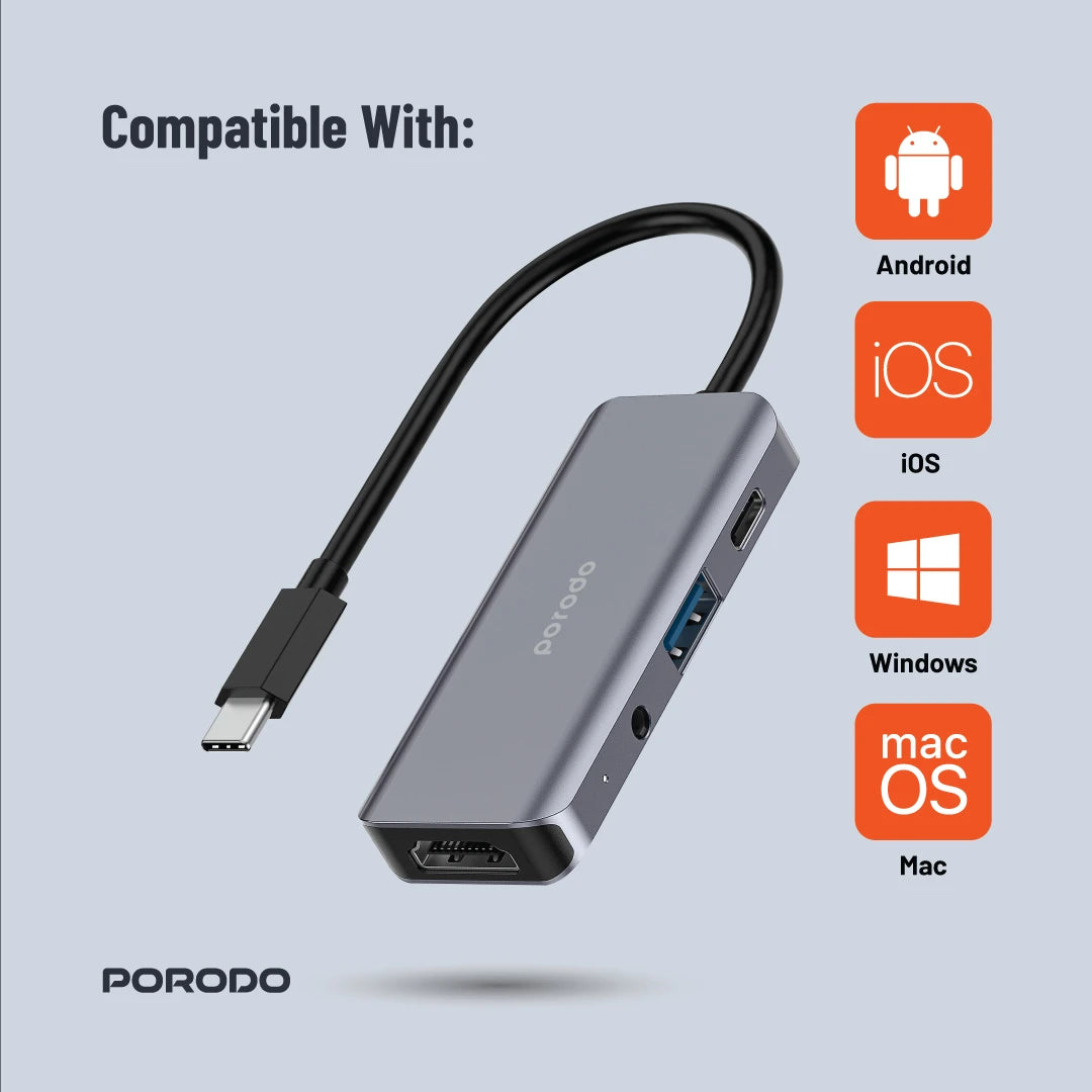 موزع يو اس بي بورودو 4 في 1 بمنفذ يو اس بي سي, دعم PD 100 واط | Porodo 4in1 USB-C Hub with PD 100W, HDMI, USB 3.0 & 3.5mm AUX.