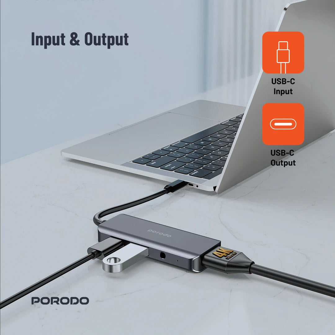 موزع يو اس بي بورودو 4 في 1 بمنفذ يو اس بي سي, دعم PD 100 واط | Porodo 4in1 USB-C Hub with PD 100W, HDMI, USB 3.0 & 3.5mm AUX.