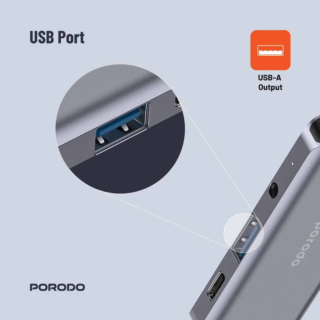 موزع يو اس بي بورودو 4 في 1 بمنفذ يو اس بي سي, دعم PD 100 واط | Porodo 4in1 USB-C Hub with PD 100W, HDMI, USB 3.0 & 3.5mm AUX.