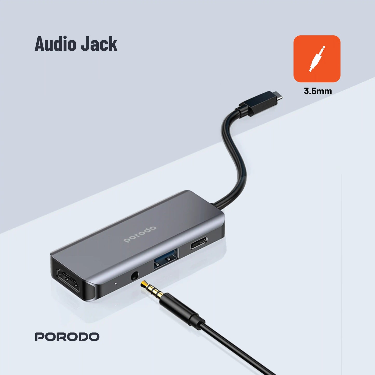 موزع يو اس بي بورودو 4 في 1 بمنفذ يو اس بي سي, دعم PD 100 واط | Porodo 4in1 USB-C Hub with PD 100W, HDMI, USB 3.0 & 3.5mm AUX.