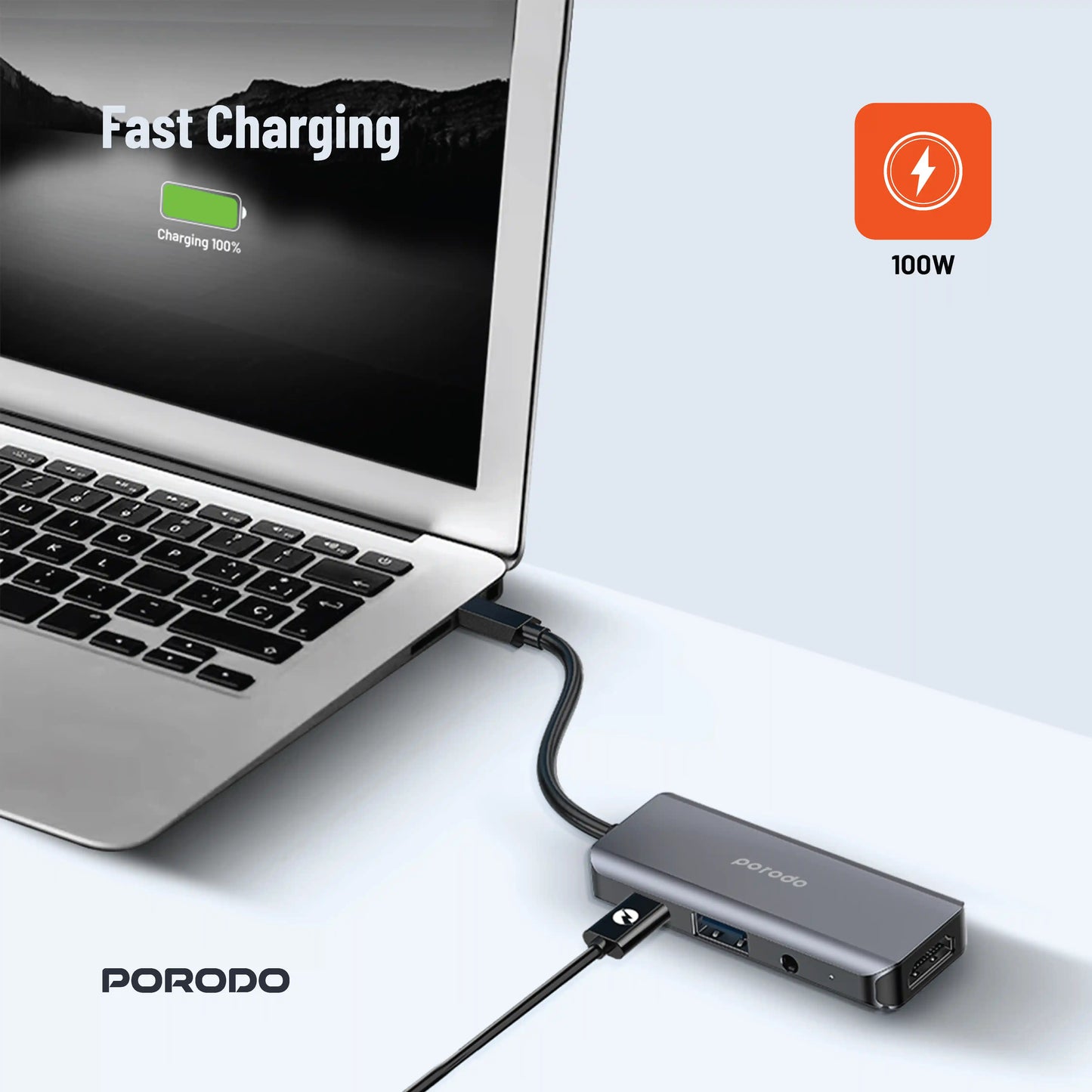 موزع يو اس بي بورودو 4 في 1 بمنفذ يو اس بي سي, دعم PD 100 واط | Porodo 4in1 USB-C Hub with PD 100W, HDMI, USB 3.0 & 3.5mm AUX.