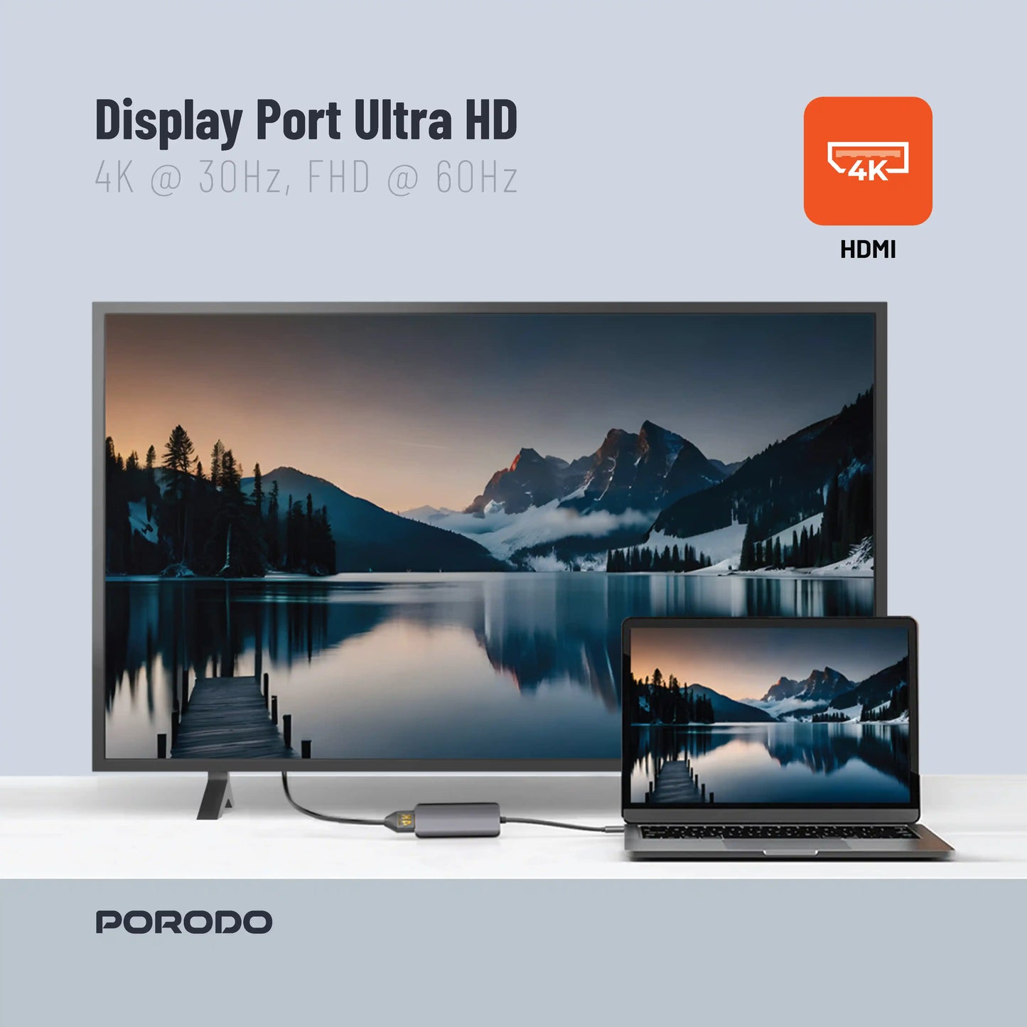 موزع يو اس بي بورودو 4 في 1 بمنفذ يو اس بي سي, دعم PD 100 واط | Porodo 4in1 USB-C Hub with PD 100W, HDMI, USB 3.0 & 3.5mm AUX.