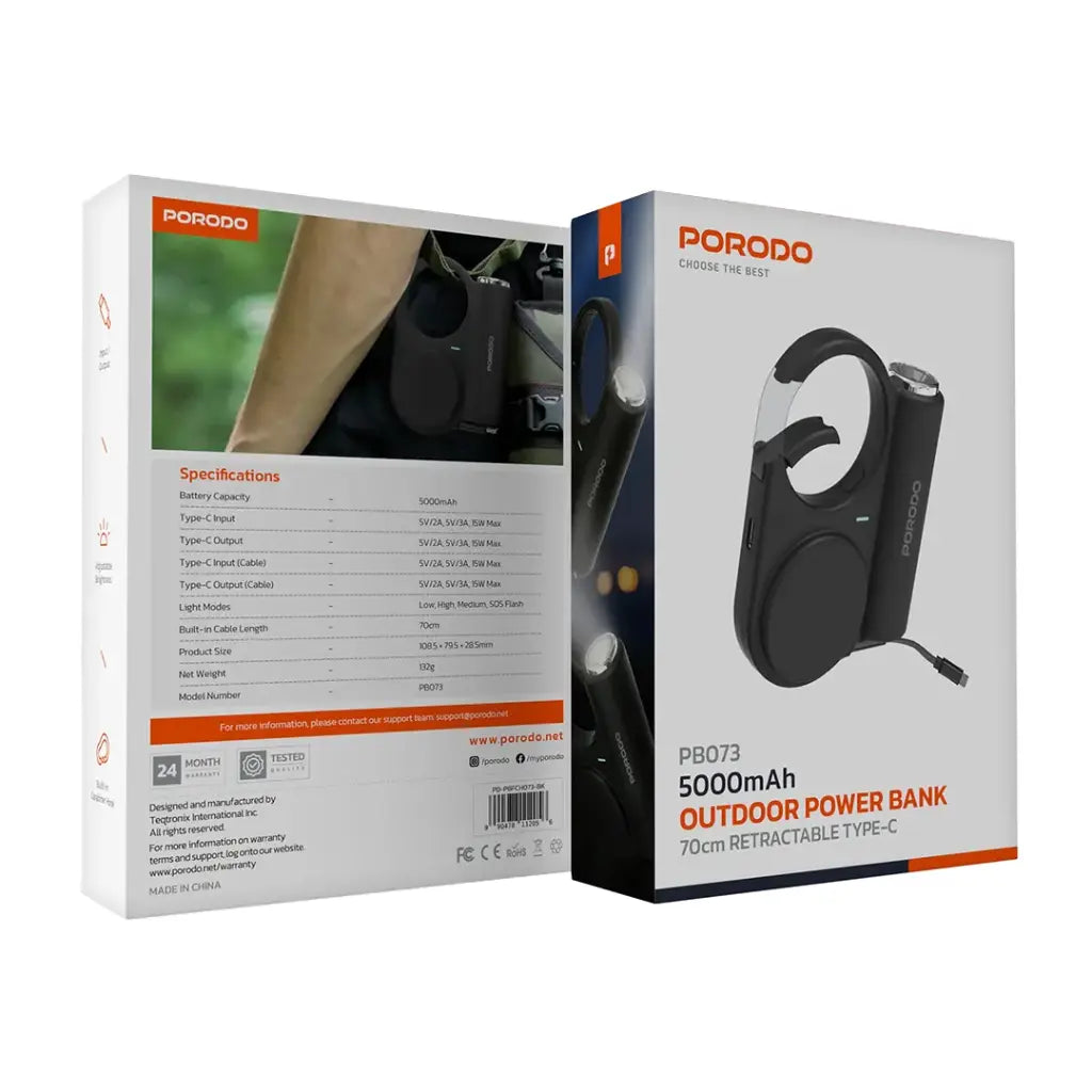 باور بانك بورودو بسعة 5000 مللي امبير مع كيبل تايب سي مدمج قابل للسحب بطول 70 سم - اسود | Porodo 5000mAh Outdoor Power Bank 70cm Retractable Type-C - Black.