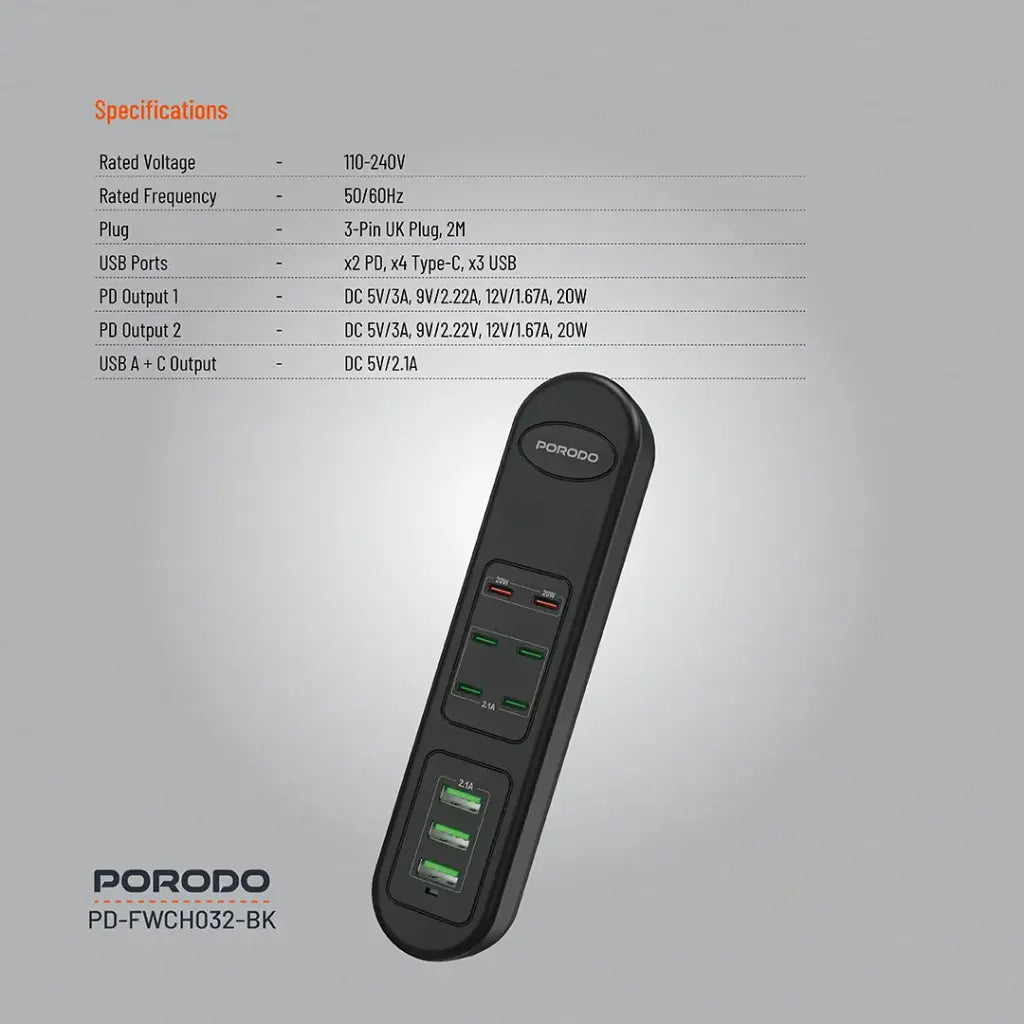 موزع يو اس بي مع شحن سريع بقدرة 50 واط من بورودو ب 6 منافذ تايب سي و 3 منافذ يو اس بي اي, كيبل بطول 2 متر - اسود | Porodo 50W PDx6 USBx3 Fast Charging Strip UK (2m Wire) – Black