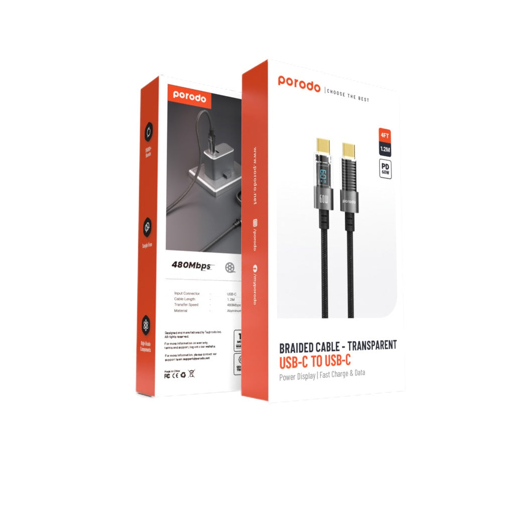 كيبل بورودو مضفر يو اس بي سي الى يو اس بي سي بقدرة شحن 60 واط مع شاشة عرض, بطول 1.2 متر - اسود | Porodo 60W Type-C to Type-C Braided Cable with PD Display 1.2M – Black