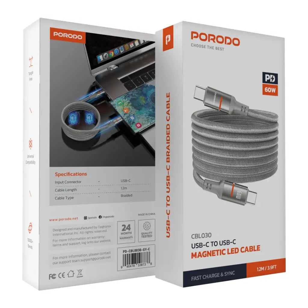 كيبل بورودو مغناطيسي مضفر يو اس بي سي الى يو اس بي سي بقدرة 60 واط وطول 1.2 متر | Porodo Magnetic Type-C to Type-C Braided Cable 60W 1.2M.