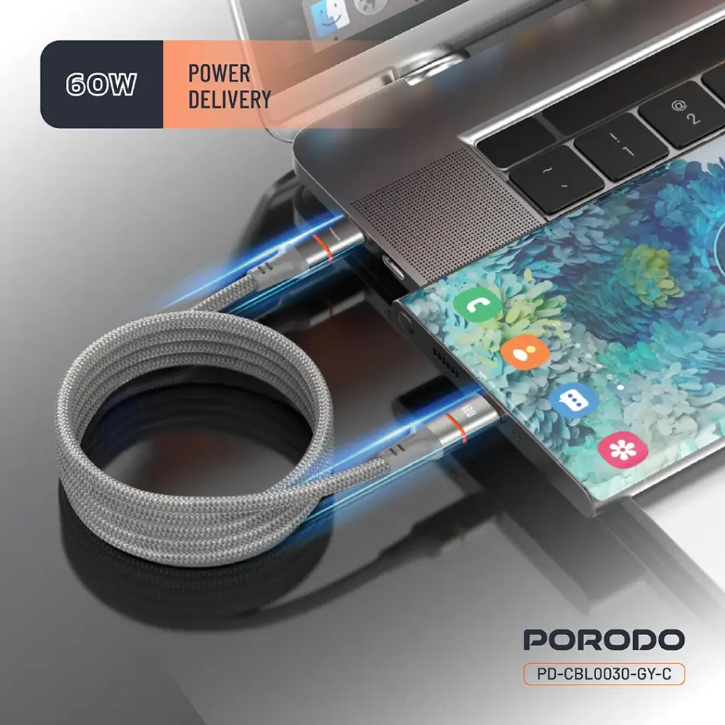 كيبل بورودو مغناطيسي مضفر يو اس بي سي الى يو اس بي سي بقدرة 60 واط وطول 1.2 متر | Porodo Magnetic Type-C to Type-C Braided Cable 60W 1.2M.
