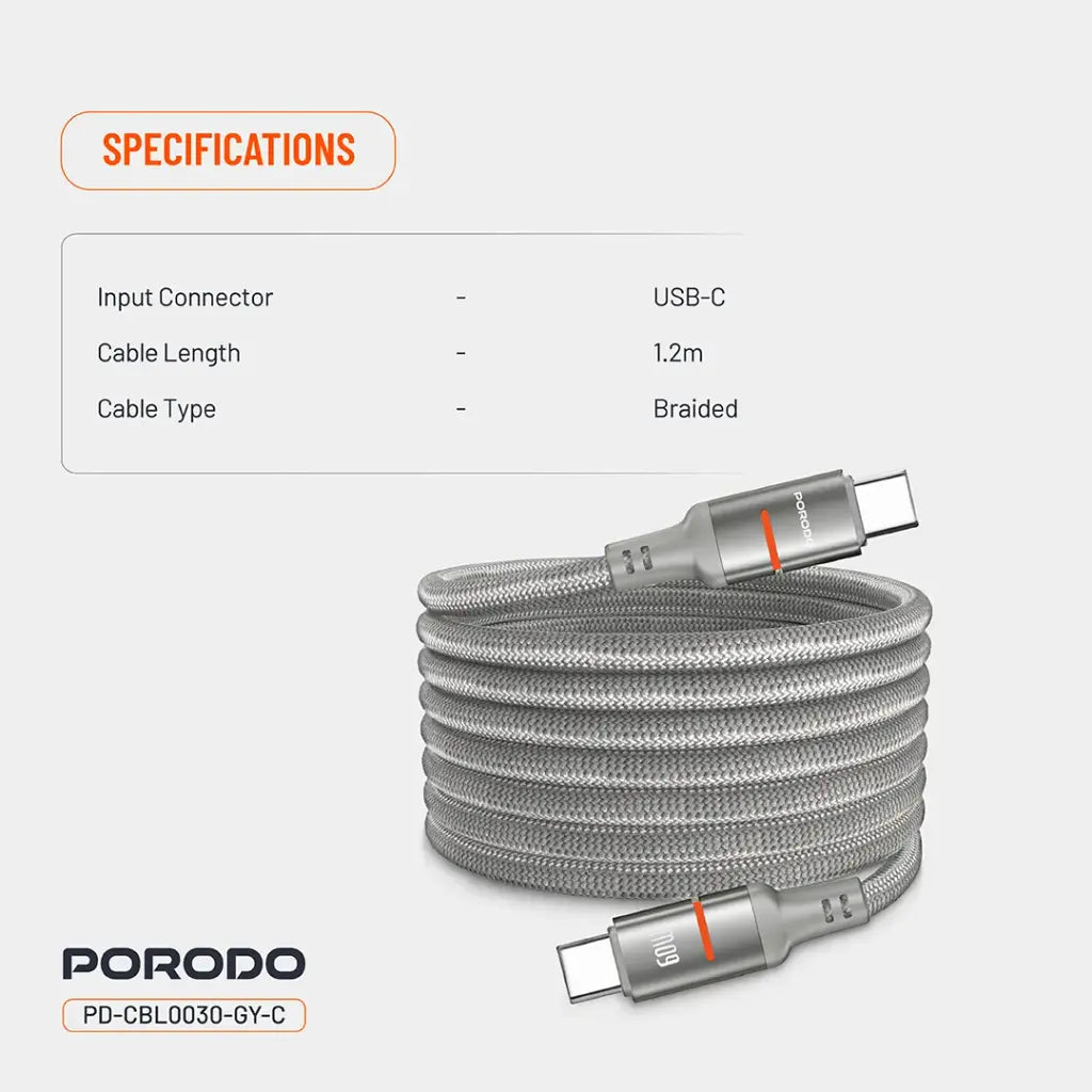 كيبل بورودو مغناطيسي مضفر يو اس بي سي الى يو اس بي سي بقدرة 60 واط وطول 1.2 متر | Porodo Magnetic Type-C to Type-C Braided Cable 60W 1.2M.