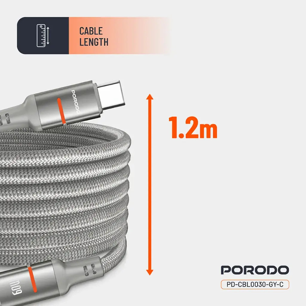 كيبل بورودو مغناطيسي مضفر يو اس بي سي الى يو اس بي سي بقدرة 60 واط وطول 1.2 متر | Porodo Magnetic Type-C to Type-C Braided Cable 60W 1.2M.