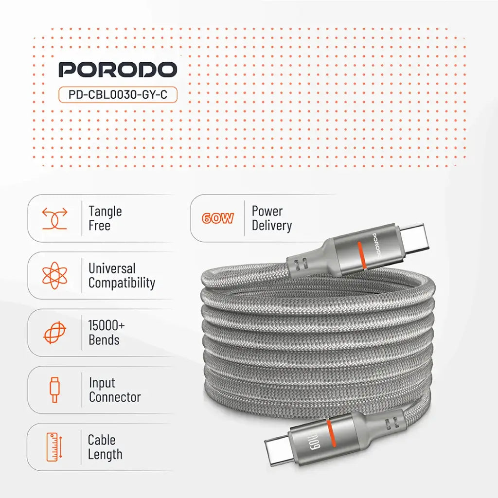 كيبل بورودو مغناطيسي مضفر يو اس بي سي الى يو اس بي سي بقدرة 60 واط وطول 1.2 متر | Porodo Magnetic Type-C to Type-C Braided Cable 60W 1.2M.