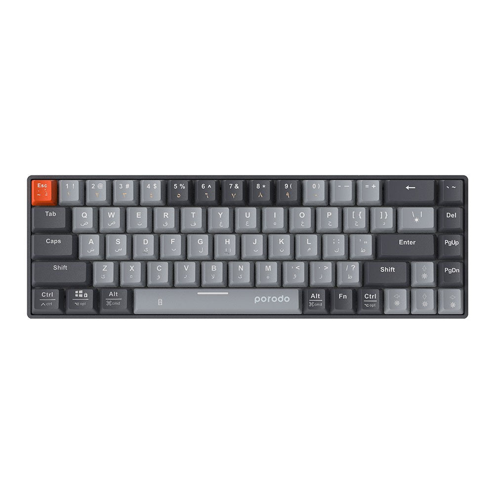 لوحة مفاتيح ميكانيكية من بورودو, لاسلكية ب 68 مفتاح عربي / انكليزي - رمادي | Porodo 68-Keys Wireless Mechanical Keyboard English / Arabic - Gray