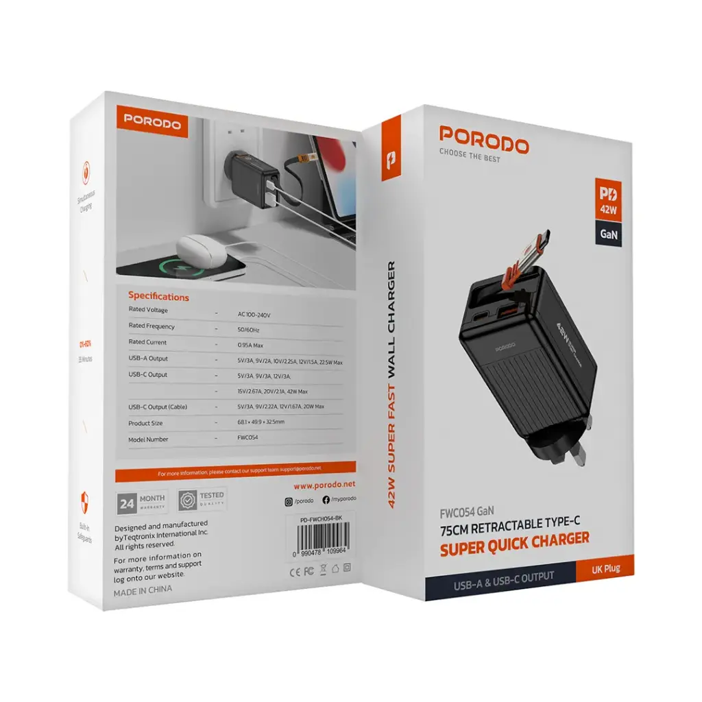 بورودو شاحن GaN سريع 42 واط مع كيبل تايب سي مدمج قابل للسحب بطول 75 سم | Porodo 42W Retractable 75cm Type-C GaN Charger.
