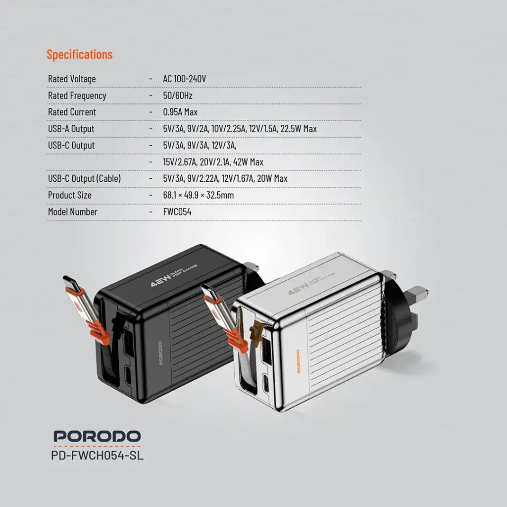 بورودو شاحن GaN سريع 42 واط مع كيبل تايب سي مدمج قابل للسحب بطول 75 سم | Porodo 42W Retractable 75cm Type-C GaN Charger.