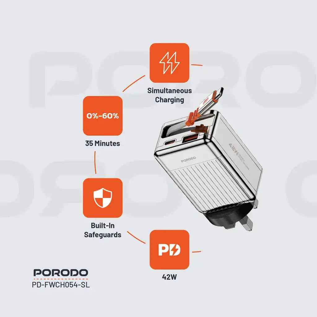 بورودو شاحن GaN سريع 42 واط مع كيبل تايب سي مدمج قابل للسحب بطول 75 سم | Porodo 42W Retractable 75cm Type-C GaN Charger.