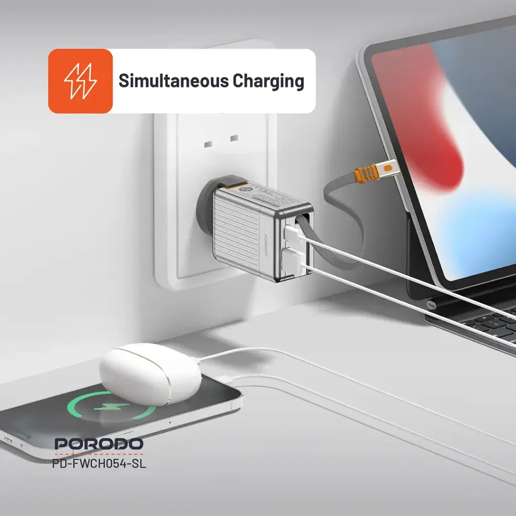 بورودو شاحن GaN سريع 42 واط مع كيبل تايب سي مدمج قابل للسحب بطول 75 سم | Porodo 42W Retractable 75cm Type-C GaN Charger.