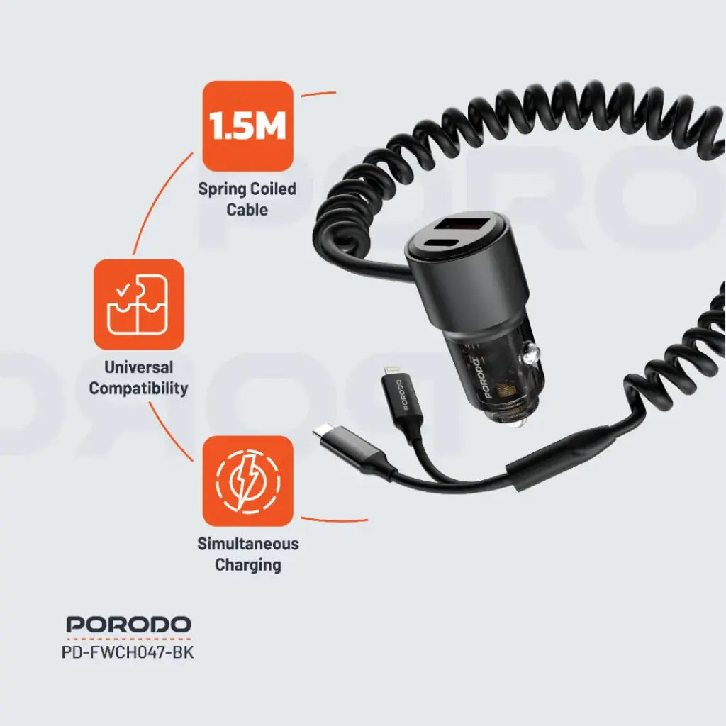 شاحن سيارة شفاف 95 واط من بورودو, مع كيبل ملفوف بطول 1.5 متر - اسود | Porodo 95W Car Charger Transparent with Coiled Cable - Black