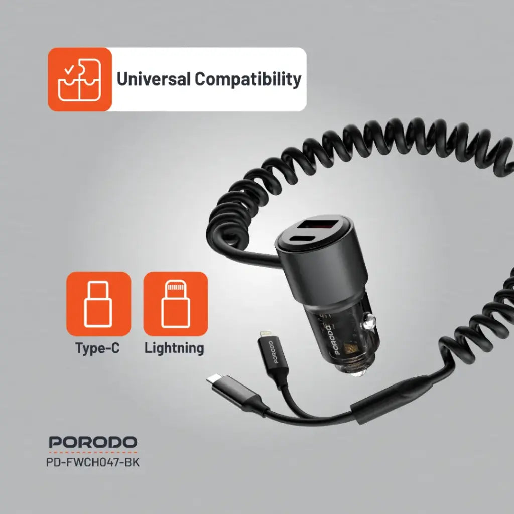 شاحن سيارة شفاف 95 واط من بورودو, مع كيبل ملفوف بطول 1.5 متر - اسود | Porodo 95W Car Charger Transparent with Coiled Cable - Black