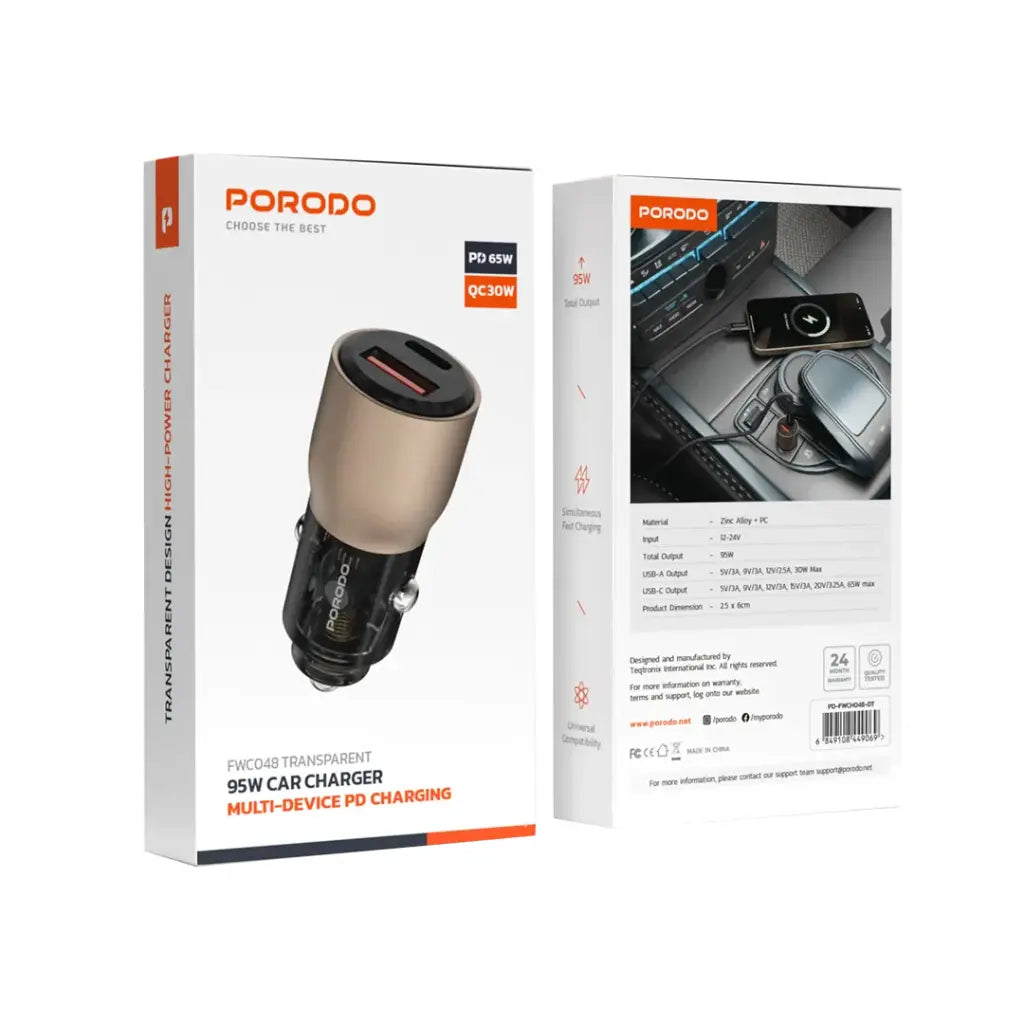 شاحن سيارة بورودو شفاف 95 واط بمنفذي يو اس بي سي و يو اس بي اي | Porodo 95W Transparent USB A+C Port Car Charger