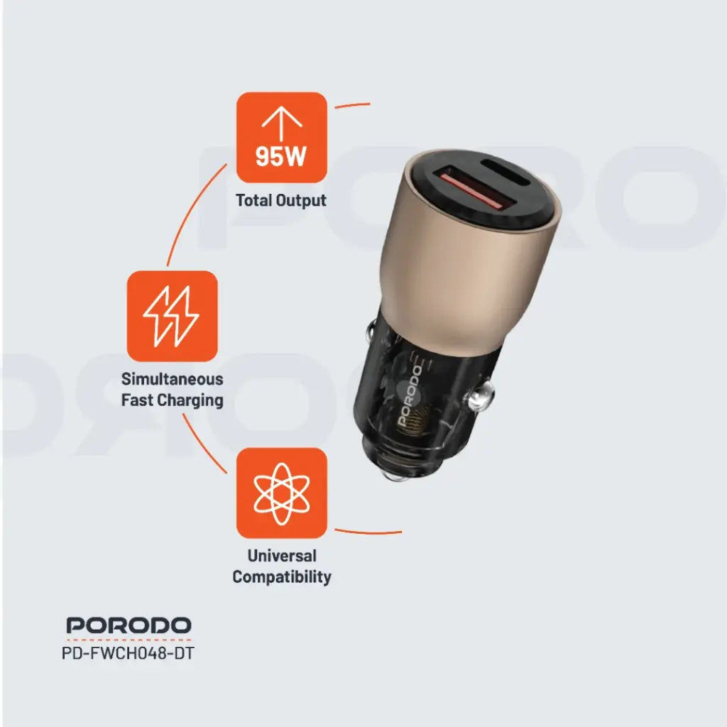 شاحن سيارة بورودو شفاف 95 واط بمنفذي يو اس بي سي و يو اس بي اي | Porodo 95W Transparent USB A+C Port Car Charger