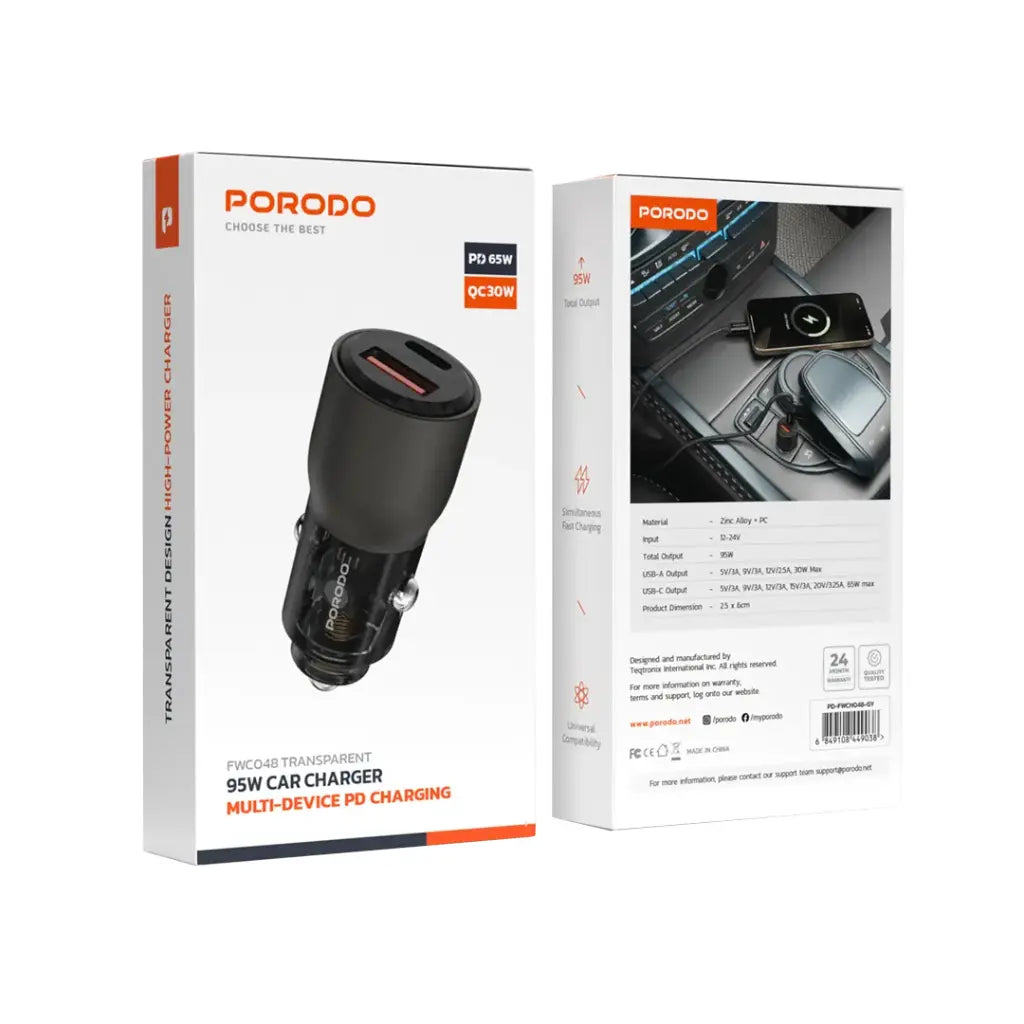 شاحن سيارة بورودو شفاف 95 واط بمنفذي يو اس بي سي و يو اس بي اي | Porodo 95W Transparent USB A+C Port Car Charger