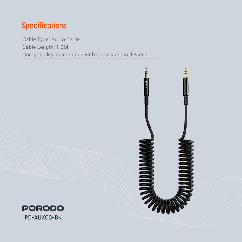 كيبل AUX 3.5mm ملفوف بطول 1.2 متر من بورودو - اسود | Porodo AUX 3.5 to 3.5 Coiled Audio Cable 1.2M – Black