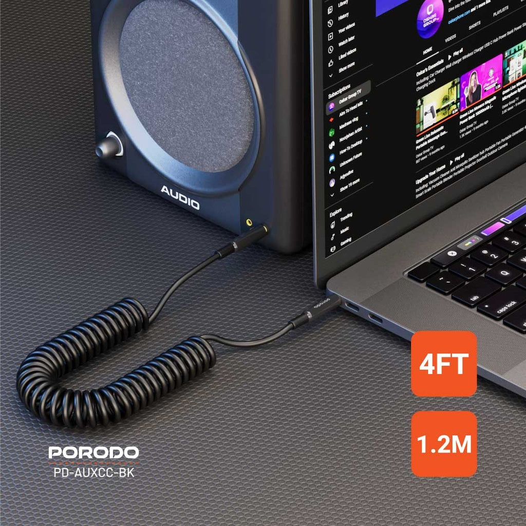 كيبل AUX 3.5mm ملفوف بطول 1.2 متر من بورودو - اسود | Porodo AUX 3.5 to 3.5 Coiled Audio Cable 1.2M – Black
