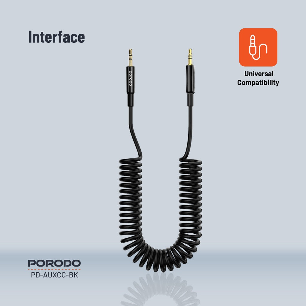 كيبل AUX 3.5mm ملفوف بطول 1.2 متر من بورودو - اسود | Porodo AUX 3.5 to 3.5 Coiled Audio Cable 1.2M – Black