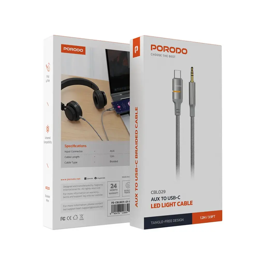 كيبل بورودو صوتي يو اس بي سي الى 3.5mm مضفر بطول 1.2 متر - رمادي | Porodo USB2.0 Type-C to 3.5mm Braided Audio Cable 1.2M – Grey