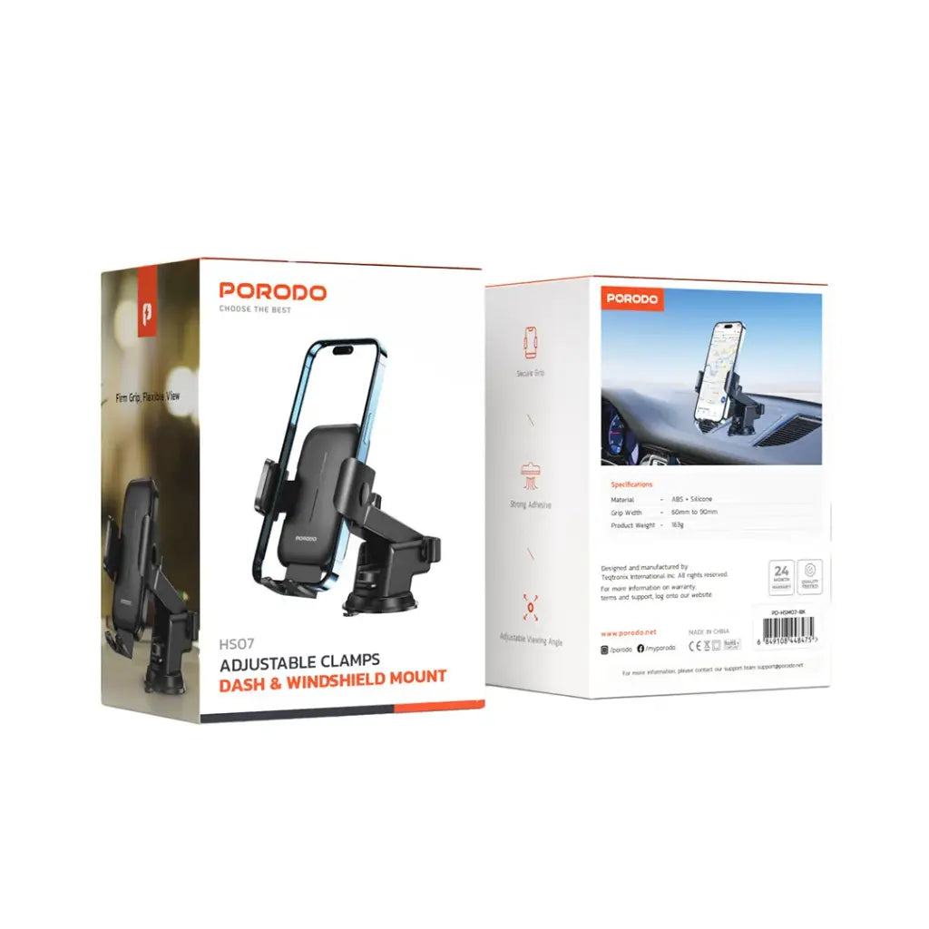 حامل جوال عالمي للسيارة من بورودو مع مشبك قابل للتعديل - اسود | Porodo Universal Adjustable Clamp Car Phone Stand for Dashboard & Windshield – Black